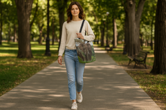 using the elephant design at gid://shopify/MediaImage/41371917156656 please create a lifestyle image of a woman carrying this exact 15 x 15 bag as she walks down a park sidewalk