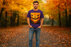 a young man wearing purle shirt and jeans, with white sneakers outside on a fall day, with the design of a firey pumpkin face on the front