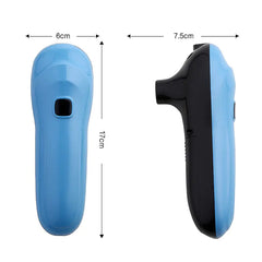 Blue and black handheld vacuum sealer on a white background with measurements
