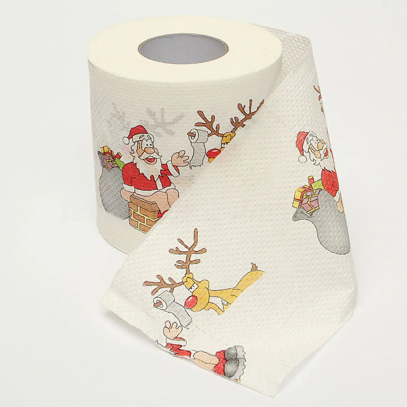 Roll of toilet paper with Christmas-themed design on a white background