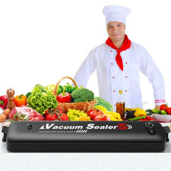 Vacuum sealer machine with a chef and fresh vegetables on a white background