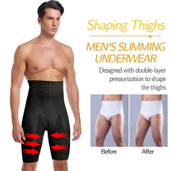 Man wearing men's slimming underwear with before and after effects shown.