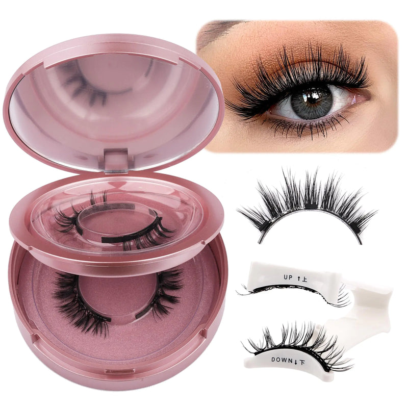Pink case with false magnetic eyelashes, close-up of eye wearing lashes, and additional pairs of lashes on a white background.