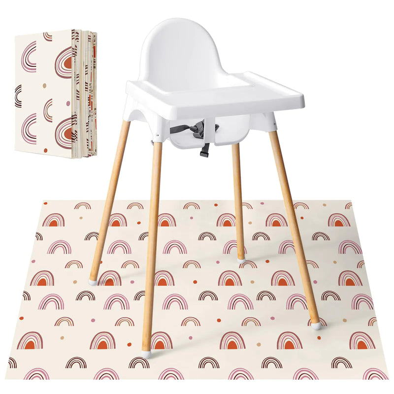 White high chair with wooden legs and a matching play mat with rainbow pattern on a white background