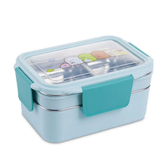 Light blue bento box with cartoon characters on a white background