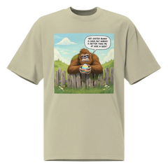 Faded green t-shirt with a cartoon design of a Sasquatch holding an Easter egg, bubble declares, Yep, Easter Bunny is good, but nobody is better than me at Hide N Seek!