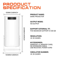 Product specification chart for a game projector with dimensions and features listed.