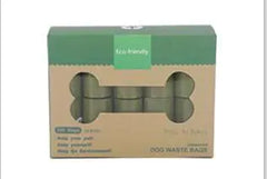 Dog  biodegradable waste bags in a cardboard box with a green label on a white background