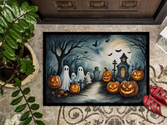 Halloween-themed doormat with pumpkins, ghosts, and a haunted house design on a textured floor.