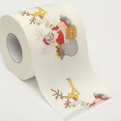 Roll of toilet paper with Santa Claus and reindeer design on a white background