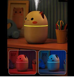 Cute cartoon-style humidifier on a shelf with inset images showing different colors.