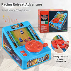 Toy driving simulator with steering wheel and screen, packaging in the background RACING RETREAT ADVENTURE