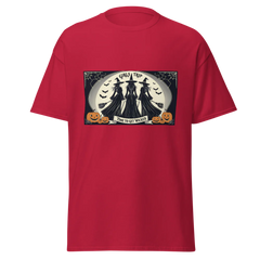 Red t-shirt with Halloween-themed graphic of Three witches facing the full moon, brooms in had, stating GIrls Trip, Time to get Wicked