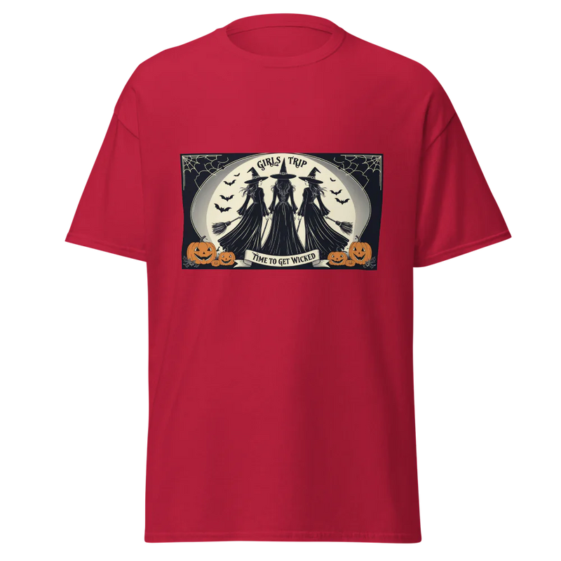 Red t-shirt with Halloween-themed graphic of Three witches facing the full moon, brooms in had, stating GIrls Trip, Time to get Wicked