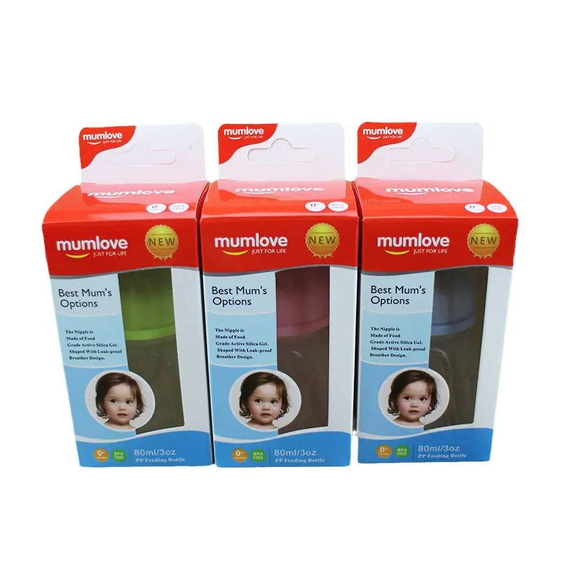 Three boxes of mumlove baby bottles on a white background