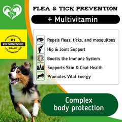 Flea and tick prevention product with a dog running on grass, featuring text about product benefits.